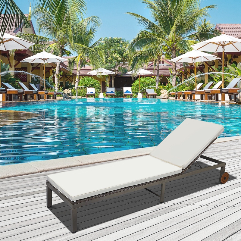 Outsunny Patio Rattan Sun Lounger with 4-Level Adjustable Backrest Wicker Chaise Lounge Relaxer Patio, Deck, Poolside Cream White