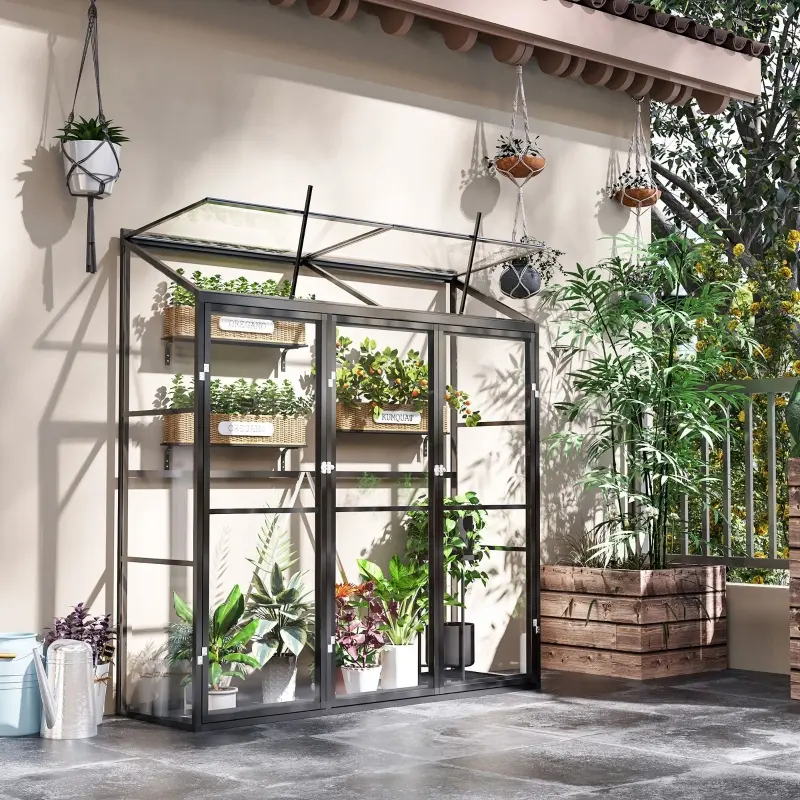 Outsunny 6' x 2' Aluminum Greenhouse, Polystyrene Walk-in Garden Greenhouse with 2 Adjustable Roof Vents and 3 Doors, Clear