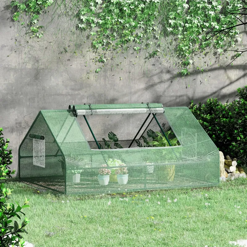 Outsunny 71" x 55" x 32" Mini Tunnel Greenhouse, Garden Planting Shed, Outdoor Flower Planter Warm House with Zipper Windows and Door, Green