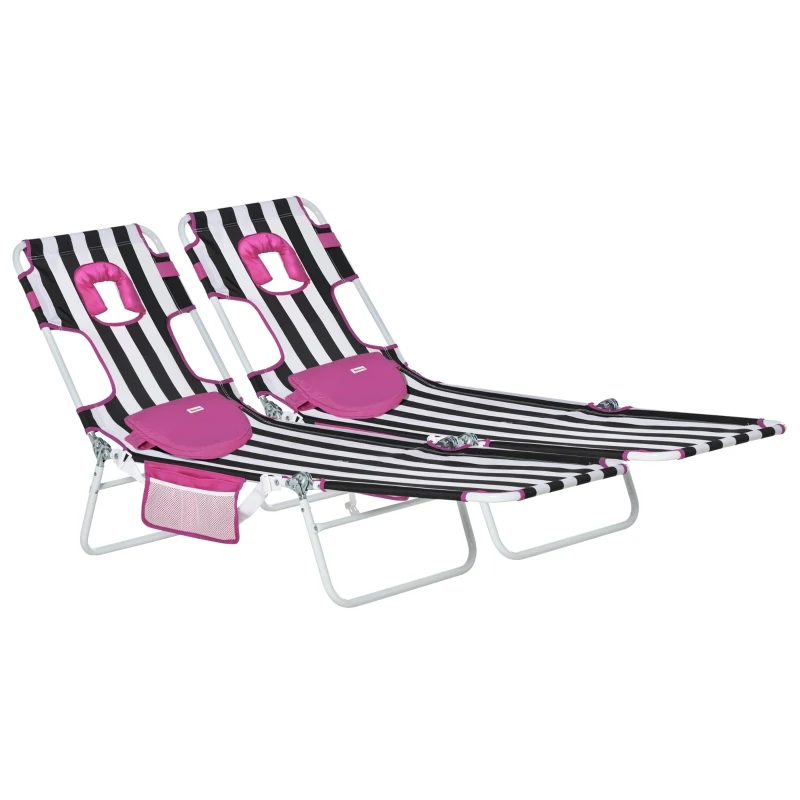 Outsunny 2-Piece Foldable Sun Lounger Reclining Chair with 5-Level Adjustable Back, Pillow, Reading Hole, Side Pocket