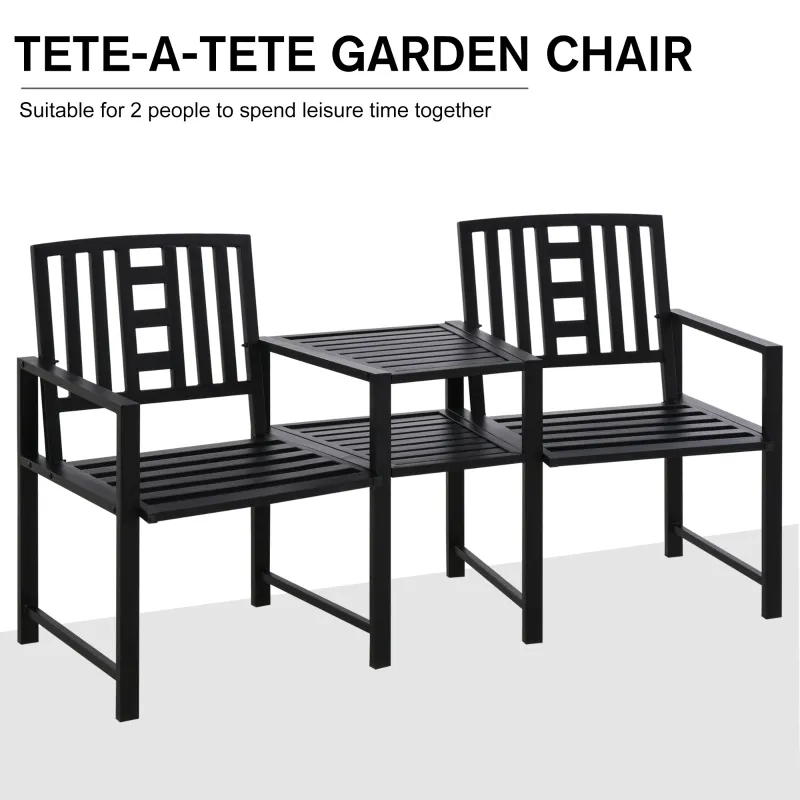 Outsunny Tete-a-Tete Garden Bench with Center Table, Metal Frame, Outdoor 2-Person Loveseat with Armrest for Patio Backyard Porch Black