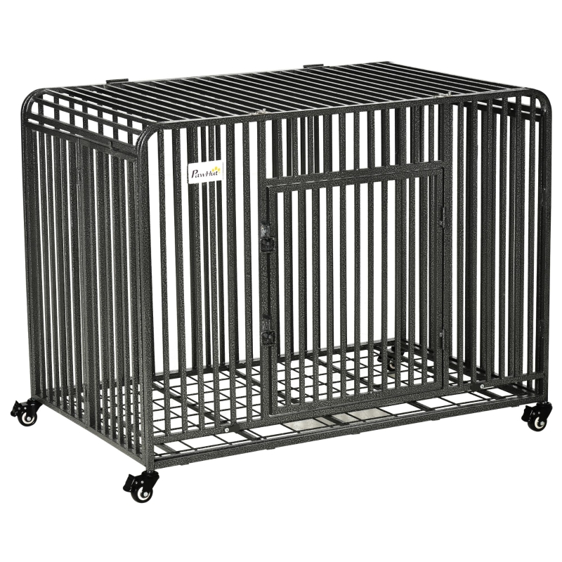 PawHut Heavy Duty Dog Crate, Foldable Kennel Cage, w/ Removable Tray, 4 Locking Wheels