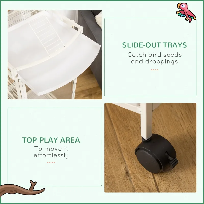 PawHut 54 Inch Bird Cage for Finches, Budgies, Cockatiels, Parrot Cage with Wheels, Bird Feeder Stand, Pull Out Tray, White