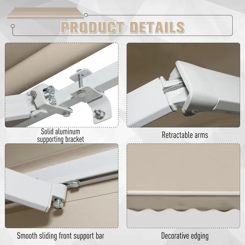 Outsunny 12' x 8' Retractable Awning Patio Awnings Sun Shade Shelter with Manual Crank Handle, 280g/m² UV & Water-Resistant Fabric and Aluminum Frame for Deck, Balcony, Yard, Tan