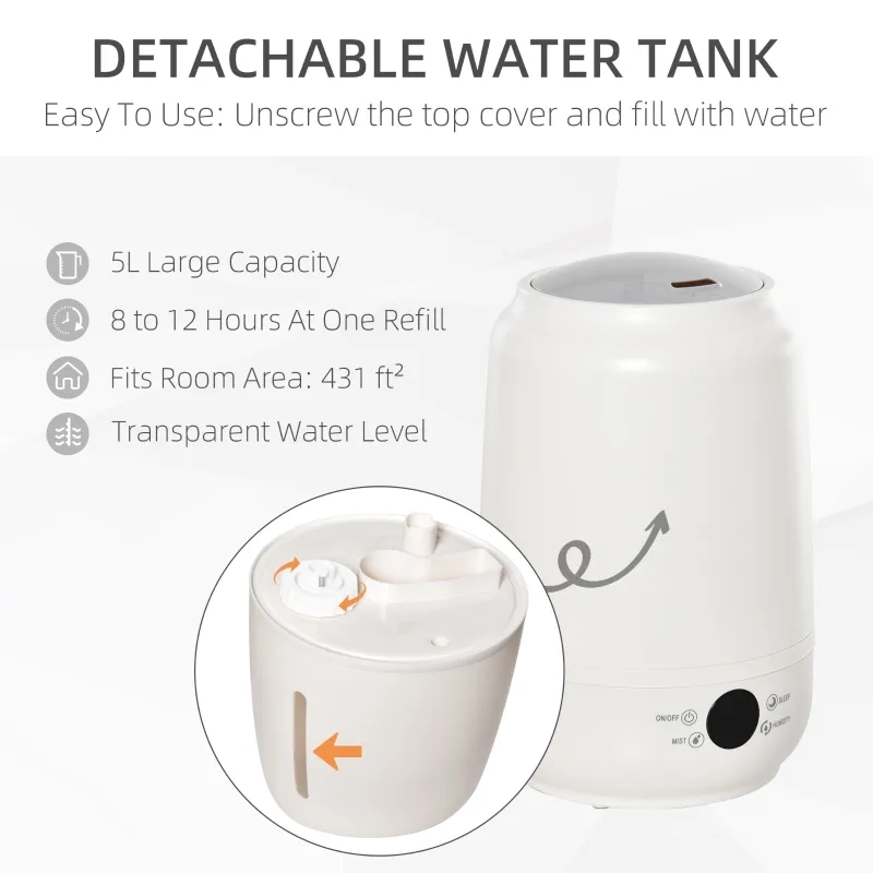 HOMCOM 5L Cool Mist Humidifier, Ultrasonic Quiet Air Humidifiers with Waterless Auto-Off, Sleep Mode, 3 Adjustable Mist Mode and Humidity for Home, Office, Bedroom, Large Room