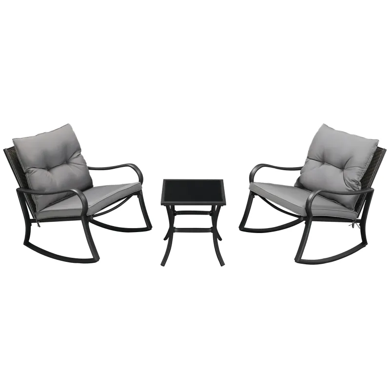 Outsunny 3 Pieces Patio Wicker Rocking Chairs Table Set, Outdoor PE Rattan Furniture with 2 Rockers & 1 Coffee Table w/ Padded Cushions for Deck, Backyard, Garden, Dark Grey