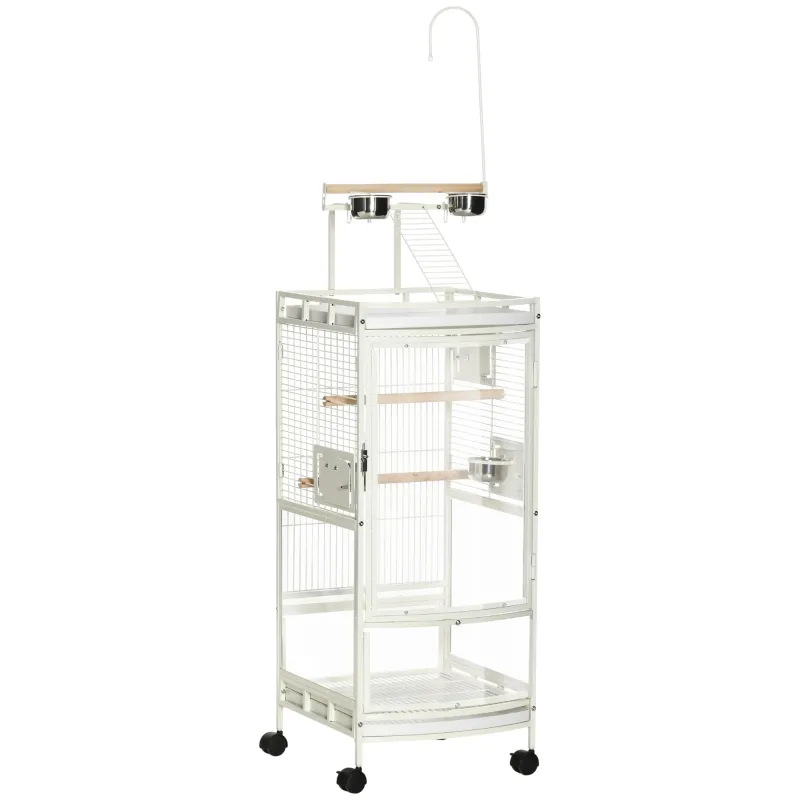 PawHut 54 Inch Bird Cage for Finches, Budgies, Cockatiels, Parrot Cage with Wheels, Bird Feeder Stand, Pull Out Tray, White