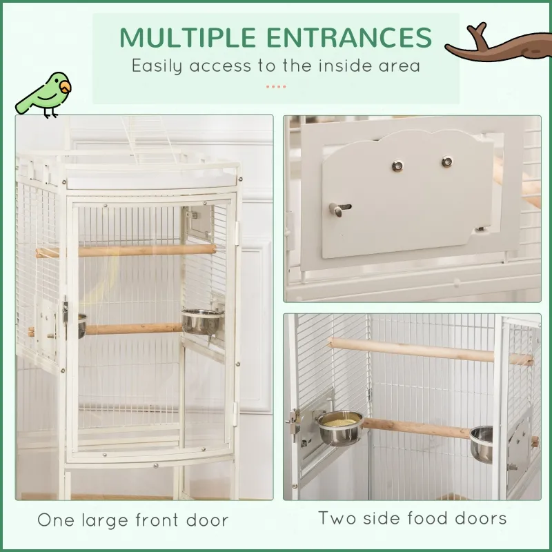 PawHut 54 Inch Bird Cage for Finches, Budgies, Cockatiels, Parrot Cage with Wheels, Bird Feeder Stand, Pull Out Tray, White
