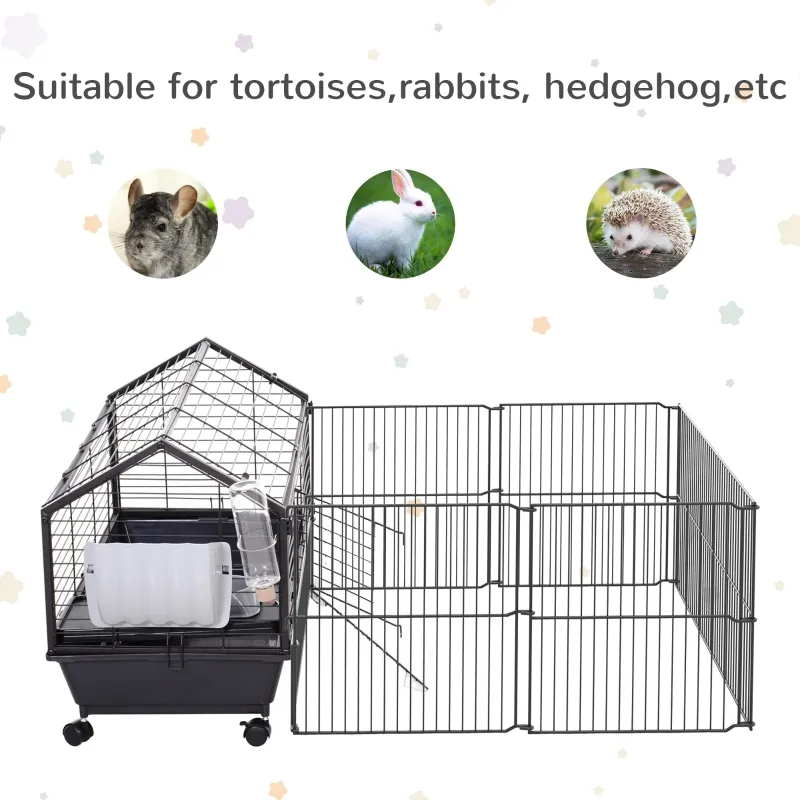PawHut Rolling Metal Rabbit, Guinea Pig or Small Animal Hutch Cage with Main House and Run  35" L