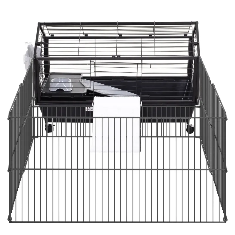 PawHut Rolling Metal Rabbit, Guinea Pig or Small Animal Hutch Cage with Main House and Run  35" L