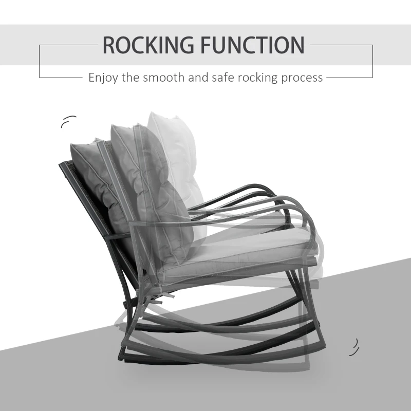 Outsunny 3 Pieces Patio Wicker Rocking Chairs Table Set, Outdoor PE Rattan Furniture with 2 Rockers & 1 Coffee Table w/ Padded Cushions for Deck, Backyard, Garden, Dark Grey