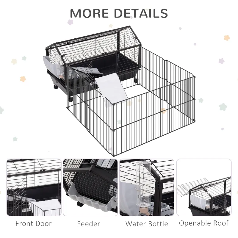 PawHut Rolling Metal Rabbit, Guinea Pig or Small Animal Hutch Cage with Main House and Run  35" L