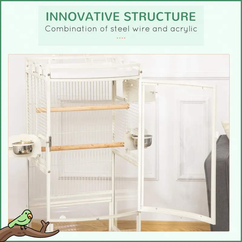 PawHut 54 Inch Bird Cage for Finches, Budgies, Cockatiels, Parrot Cage with Wheels, Bird Feeder Stand, Pull Out Tray, White