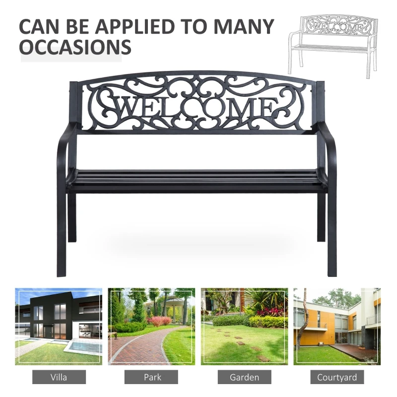 Outsunny 50" 2-Person Garden Bench Loveseat with Cast Iron Decorative Welcome Vines, Outdoor Patio Bench for Backyard, Porch, Entryway