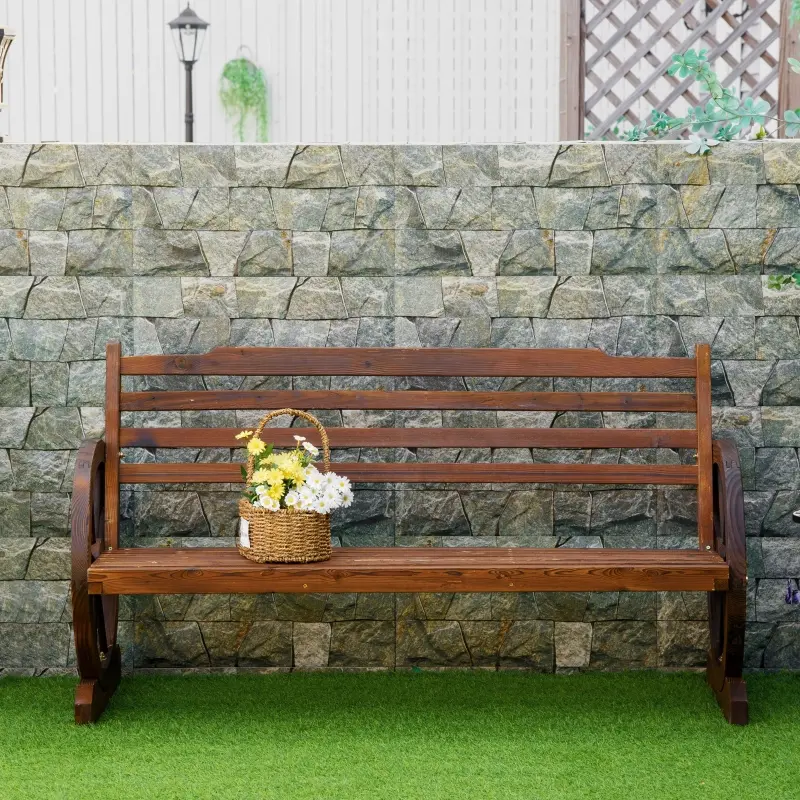 Outsunny Wooden Wagon Wheel Bench, 3-Person Rustic Slatted Seat, Outdoor Patio Furniture, Brown