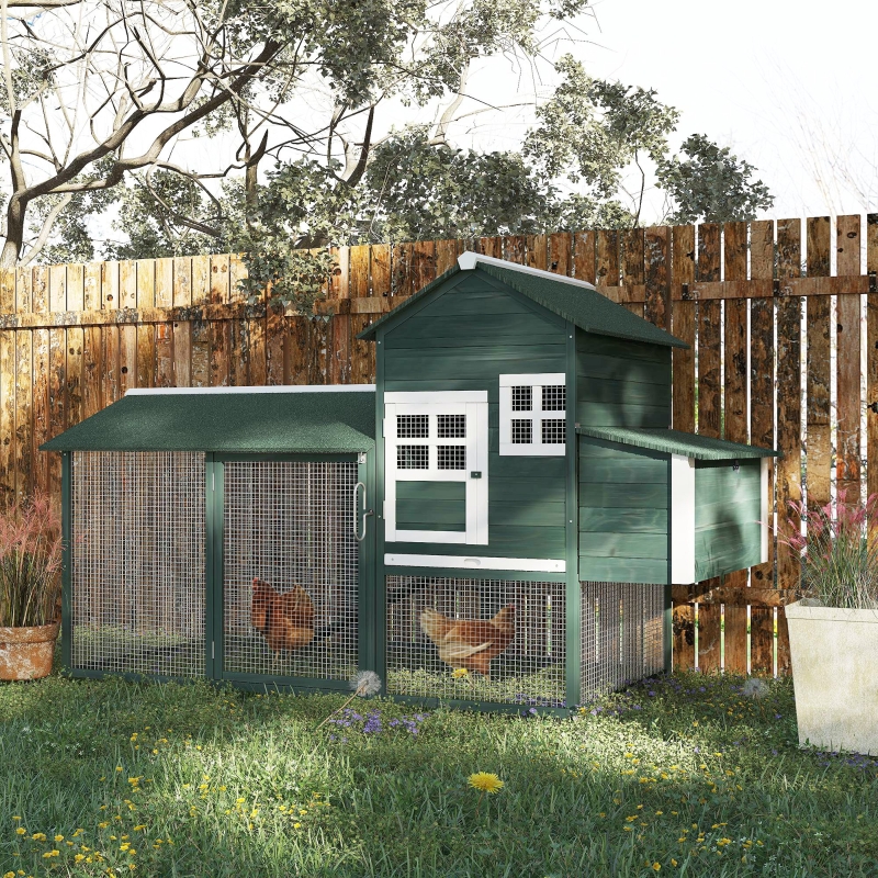 PawHut 84" Large Wood Chicken Coop Hen Pet Cage with Nesting Box and Run Green