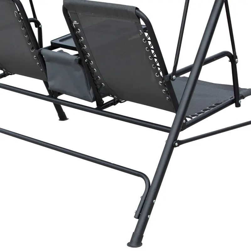 Outsunny 2-Seat Outdoor Porch Swing, with Pivot Storage Table, Cup Holder, & Adjustable Overhead Canopy, Stand's Skid-Resistant Feet Pad, Breathable Mesh Seat, Steel Frame, for Patio, Gray