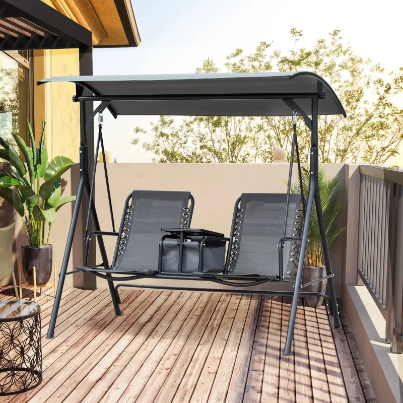 Outsunny 2-Seat Outdoor Porch Swing, with Pivot Storage Table, Cup Holder, & Adjustable Overhead Canopy, Stand's Skid-Resistant Feet Pad, Breathable Mesh Seat, Steel Frame, for Patio, Gray