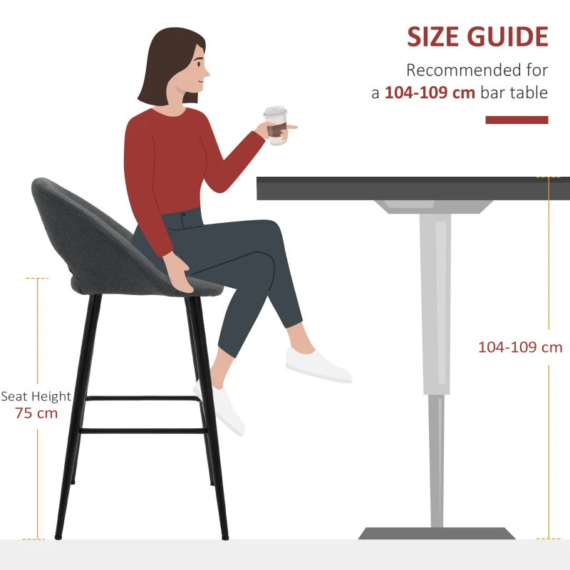 HOMCOM Fabric Bar stools Set of 2, 29.5" Pub Height Chairs with Steel Legs, Backrest for Kitchen Counter, Dining Room, Bistro Table, Grey