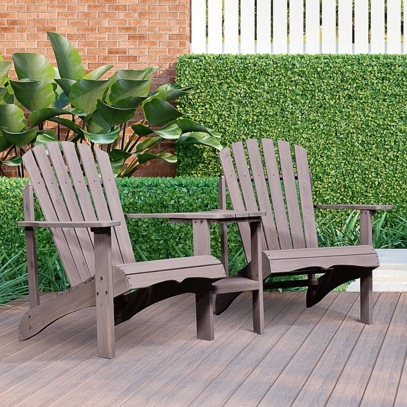 Outsunny 2 piece Pair Adirondack Chair Outdoor Patio Porch Tete-A-Tete Bench w/ Middle Table Reclined Wooden Umbrella hole Grey