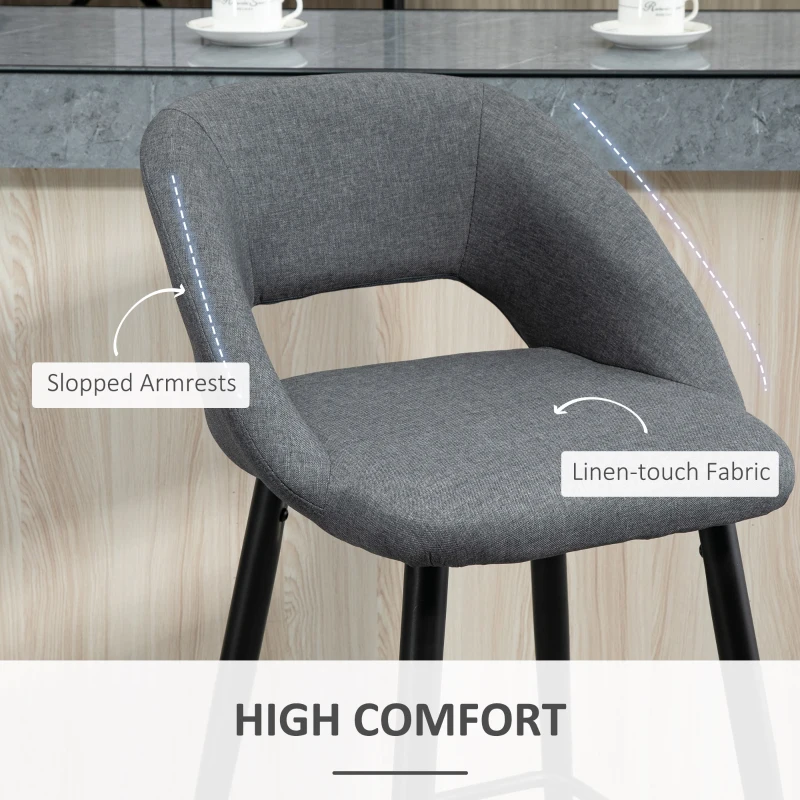 HOMCOM Fabric Bar stools Set of 2, 29.5" Pub Height Chairs with Steel Legs, Backrest for Kitchen Counter, Dining Room, Bistro Table, Grey