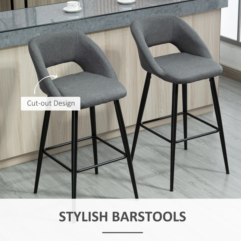 HOMCOM Fabric Bar stools Set of 2, 29.5" Pub Height Chairs with Steel Legs, Backrest for Kitchen Counter, Dining Room, Bistro Table, Grey