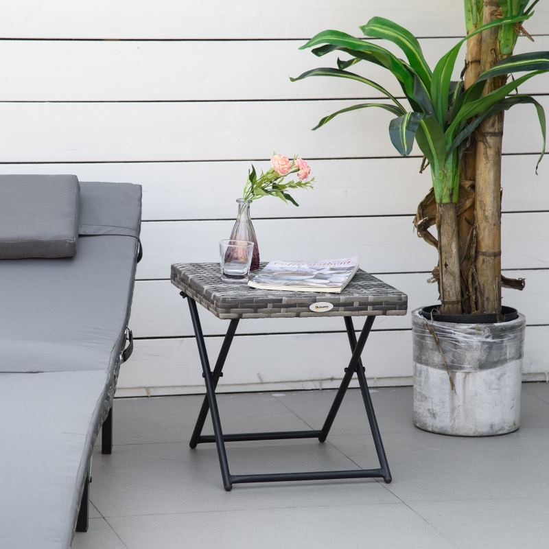 Outsunny Garden Small Folding Rattan Coffee Table Bistro Balcony Outdoor Wicker Grey