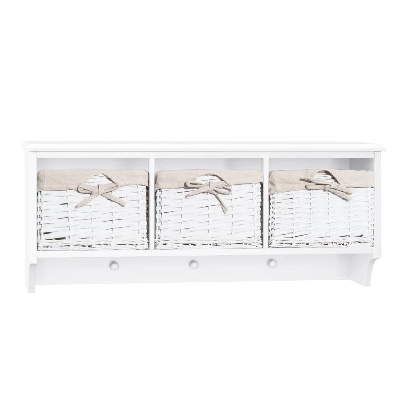 HOMCOM 32" Coat Rack Wall Mounted with Shelf, Rustic Entryway Storage Organizer with 3 Hooks 3 Baskets for Hats - Antique White