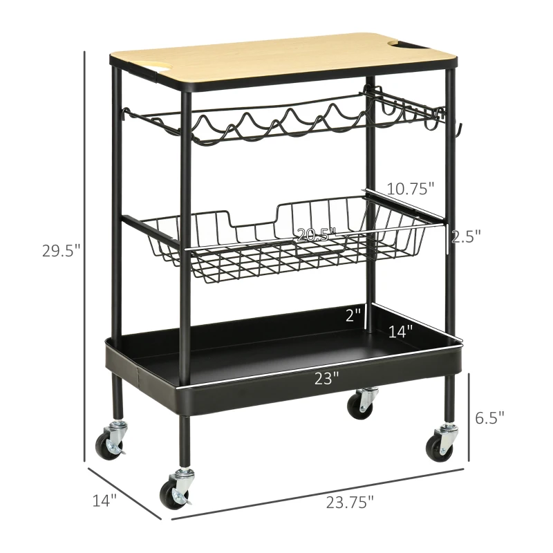 HOMCOM Rolling Kitchen Cart, 3-Tier Utility Storage Trolley with Wine Rack, Mesh Drawer and Side Hooks for Dining Room, Black/Natural