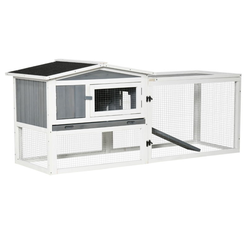 PawHut Rabbit Hutch 2-Story Bunny Cage, Small Animal House with Slide Out Tray, Detachable Run, for Indoor Outdoor, 61.5" x 23" x 27", Light Grey