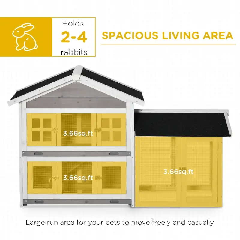 PawHut 59" Wooden Rabbit Hutch 2 Tier Bunny House with Slide-out Tray Ramp, Grey