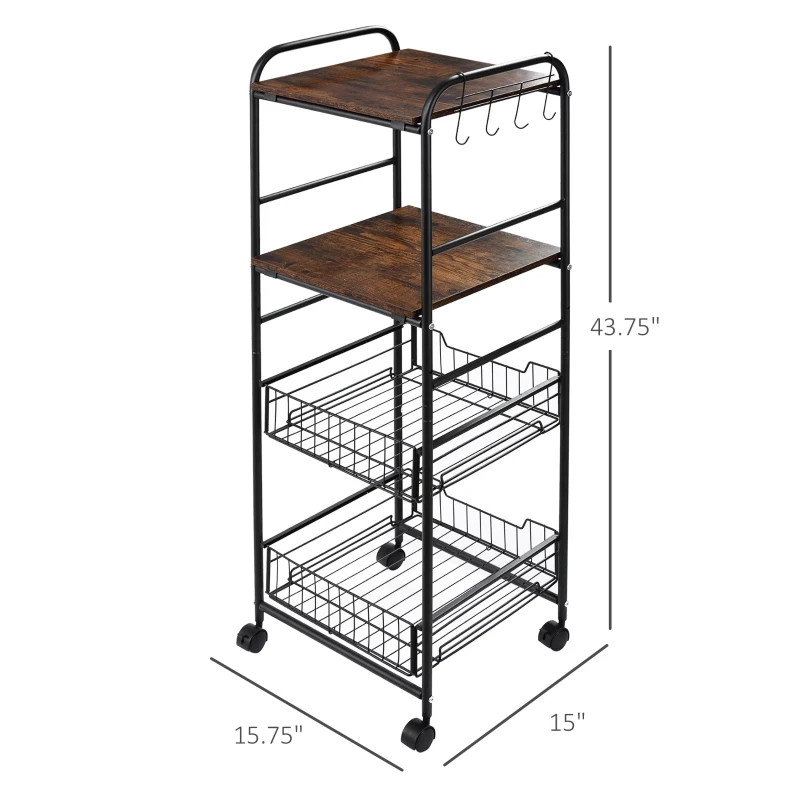 HOMCOM Kitchen Cart with Storage, 16"W Slim Rolling Cart, 4 Tier Kitchen Shelves on Wheels with Side Racks, 2 Basket for Fruit Vegetable, Utility Cart for Narrow Space, Laundry, Rustic Brown