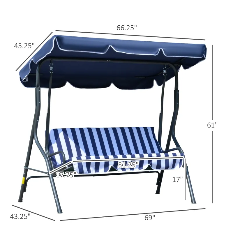 Outsunny 3-Person Porch Swing with Canopy, Patio Swing Chair, Outdoor Canopy Swing Bench with Adjustable Shade, Cushion and Steel Frame, Dark Blue