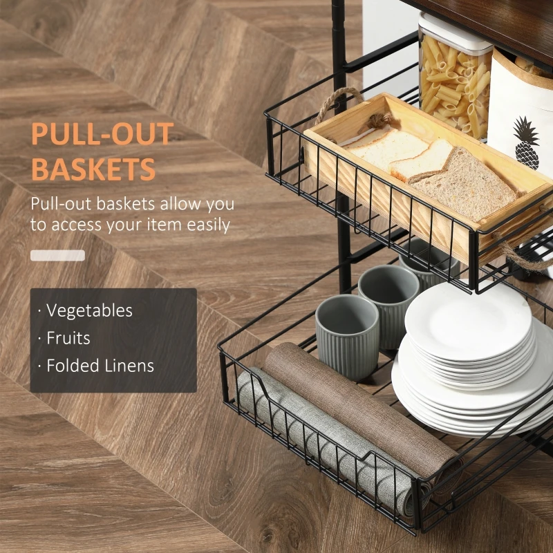 HOMCOM Kitchen Cart with Storage, 16"W Slim Rolling Cart, 4 Tier Kitchen Shelves on Wheels with Side Racks, 2 Basket for Fruit Vegetable, Utility Cart for Narrow Space, Laundry, Rustic Brown