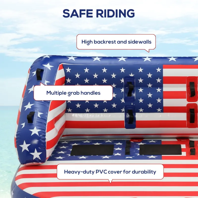 Outsunny 3 Person Towable Tubes for Boating, Spacious Family Size Inflatable Boat Tube Blow Up Couch w/ Front and Back Tow Points for Multiple Riding Positions Water Sports, American Flag Pattern