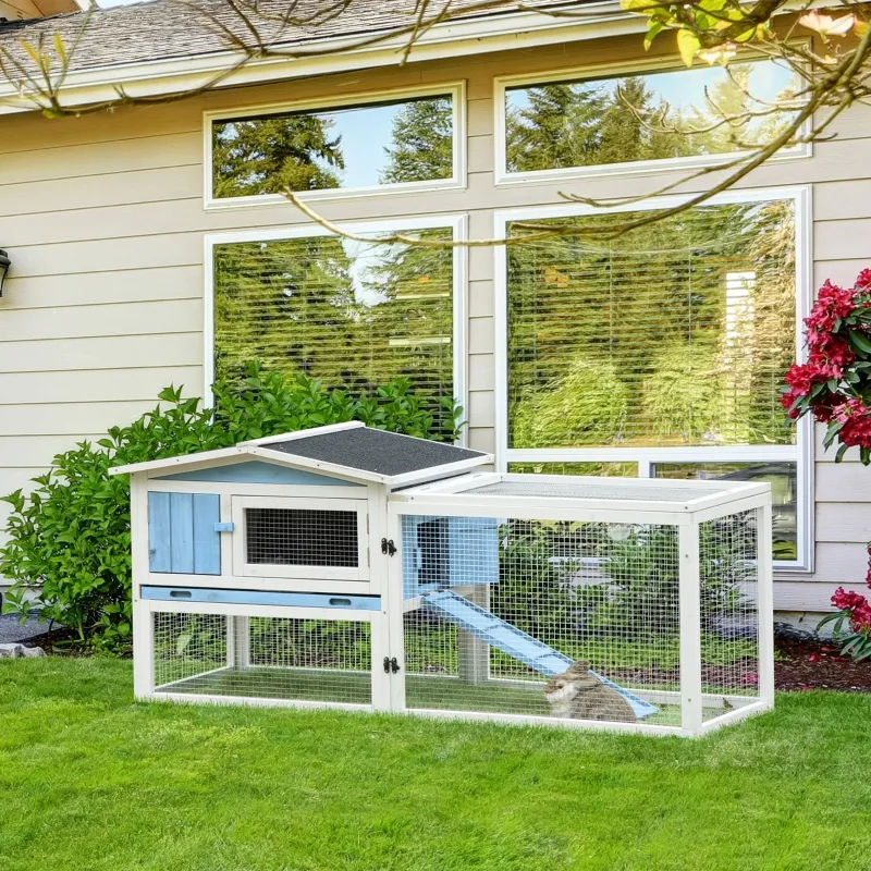 PawHut Large Outdoor Rabbit Hutch, Safe & Climate-Friendly Bunny Cage with Spacious Living Area