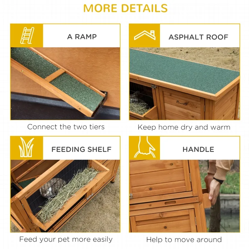 PawHut 47" 2-Story Rabbit Hutch, Wooden Bunny Cage, Guinea Pig House, with 2 Handles for Easy Movement, No Leak Tray, Openable Roof, Ramp, Feeding Shelf for Indoor/Outdoor, Orange
