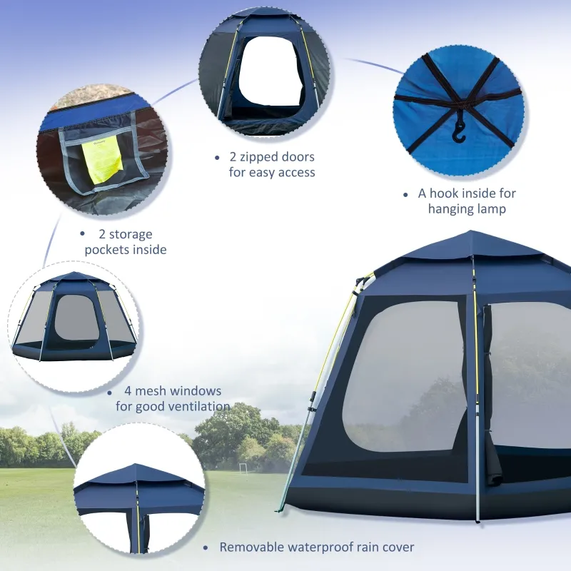 Outsunny 6 Person Camping Tent w/ Pop-up Design, 4 Windows, 2 Doors, Portable Carry Bag