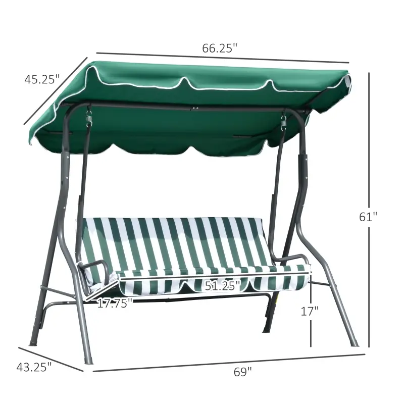 Outsunny 3-Person Porch Swing with Canopy, Patio Swing Chair, Outdoor Canopy Swing Bench with Adjustable Shade, Cushion and Steel Frame, Green