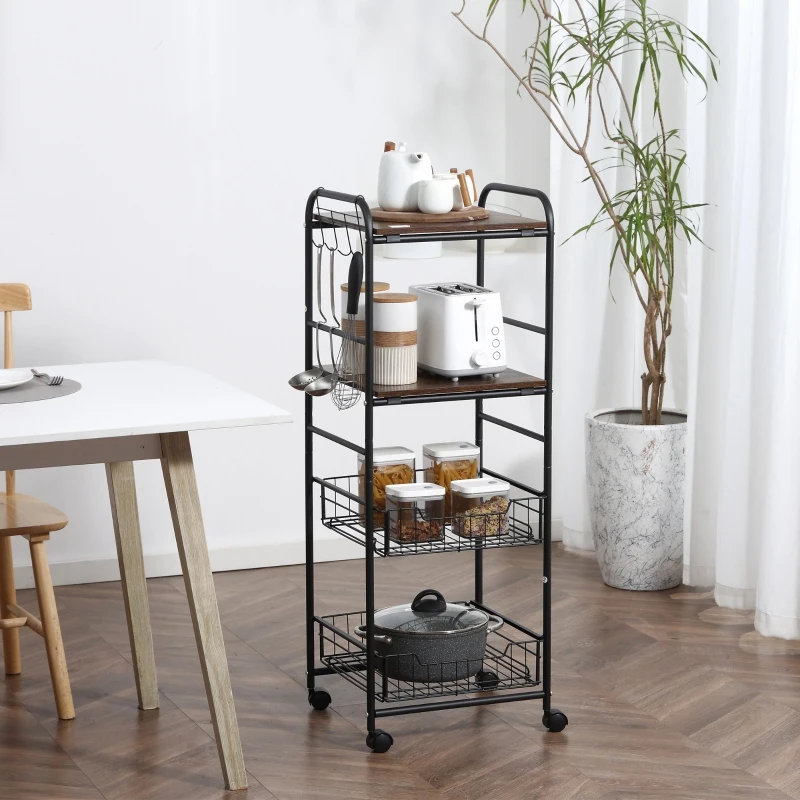 HOMCOM Kitchen Cart with Storage, 16"W Slim Rolling Cart, 4 Tier Kitchen Shelves on Wheels with Side Racks, 2 Basket for Fruit Vegetable, Utility Cart for Narrow Space, Laundry, Rustic Brown
