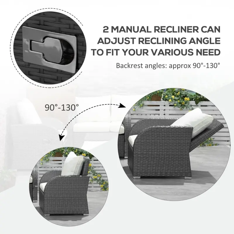 Outsunny 6-Piece Outdoor Rattan Patio Sectional Sofa Set with 3-Seat Couch, 2 Recliners, 2 Ottoman Footrests, & Coffee Table Conversation Set, Cream White