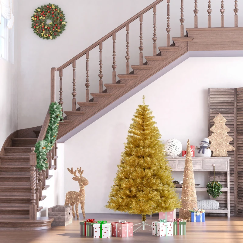 HOMCOM 6' Tall Unlit Full Fir Artificial Christmas Tree with Realistic Branches, and 1000 Tips, Gold