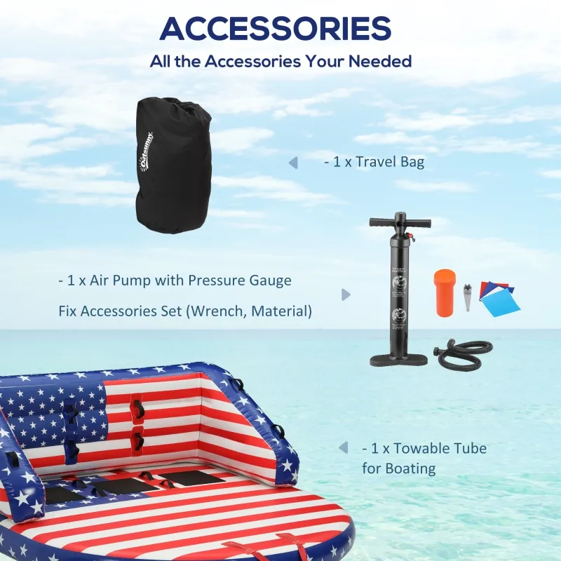 Outsunny 3 Person Towable Tubes for Boating, Spacious Family Size Inflatable Boat Tube Blow Up Couch w/ Front and Back Tow Points for Multiple Riding Positions Water Sports, American Flag Pattern