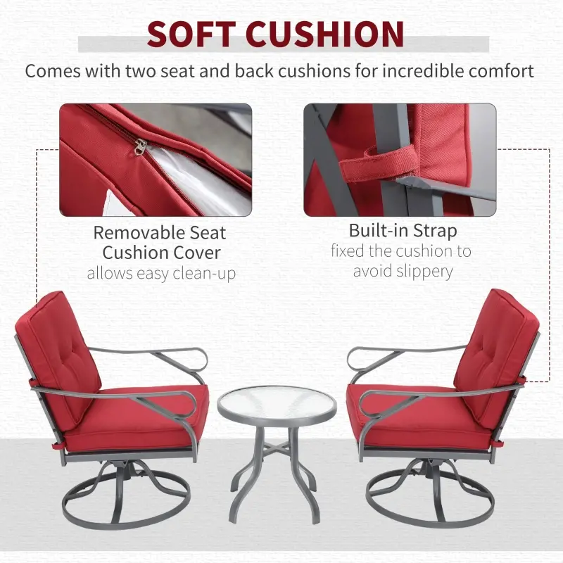 Outsunny 3 Pieces Outdoor Bistro Set, 2 Swivel Rocker Chairs and 1 Round Tempered Glass Table with Cushion, Red