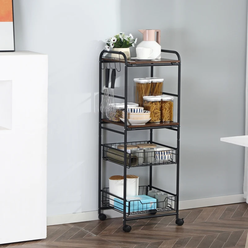 HOMCOM Kitchen Cart with Storage, 16"W Slim Rolling Cart, 4 Tier Kitchen Shelves on Wheels with Side Racks, 2 Basket for Fruit Vegetable, Utility Cart for Narrow Space, Laundry, Walnut