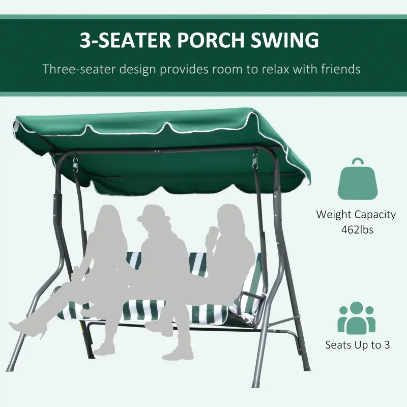 Outsunny 3-Person Porch Swing with Canopy, Patio Swing Chair, Outdoor Canopy Swing Bench with Adjustable Shade, Cushion and Steel Frame, Green