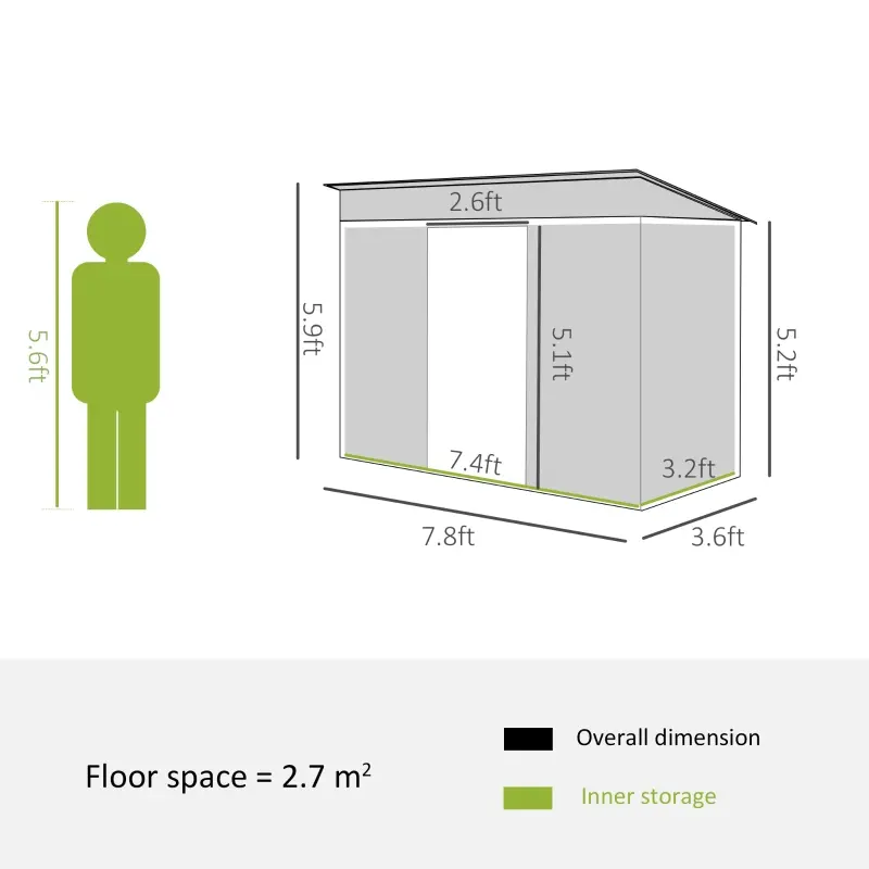 Outsunny 8' x 3.5' Metal Lean to Garden Shed, Outdoor Storage Shed, Garden Tool House with Double Sliding Doors, 2 Air Vents for Backyard, Patio, Lawn, Gray