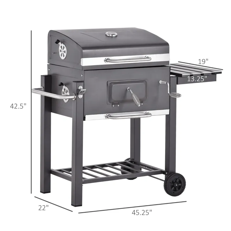 Outsunny 45" Charcoal BBQ Grill and Smoker Combo Outdoor Portable Trolley Camping Picnic Backyard with Side Shelf, Grey