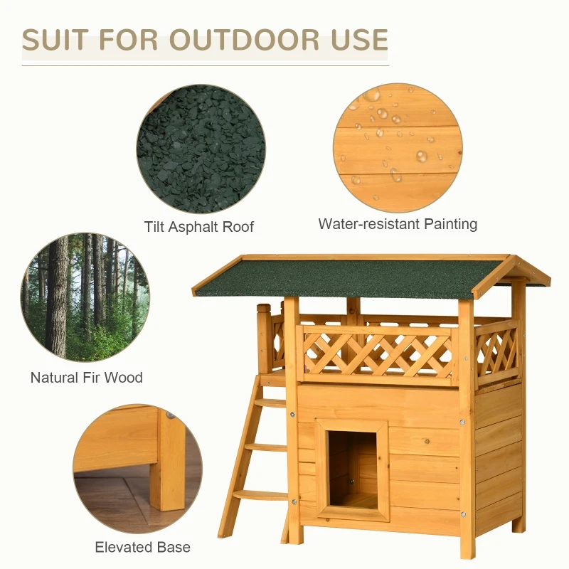 PawHut Outdoor Cat House, 2-Story Shelter for Feral Cats, Wooden Kitten Condo with Asphalt Roof, Stairs, Balcony, 30"x20"x29", Natural