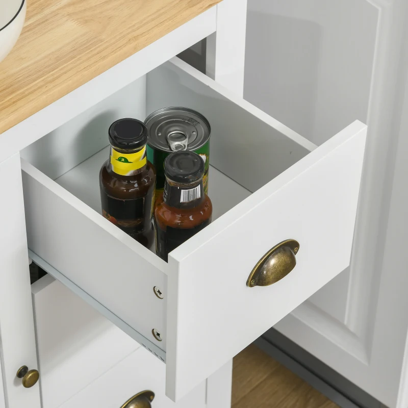 HOMCOM Modern Kitchen Cabinet, Storage Sideboard, Buffet Table with Rubberwood Top, 3 Drawers and Cabinet with Adjustable Shelf, White